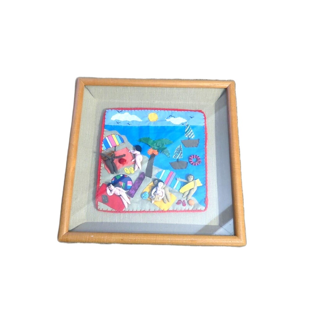 Beach Arpillera Patchwork 3D Handmade Framed Wall Art Peruvian Quilted